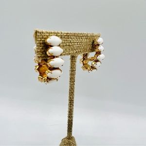 Vintage clip on white rhinestone chain hoop style earrings milk glass gold